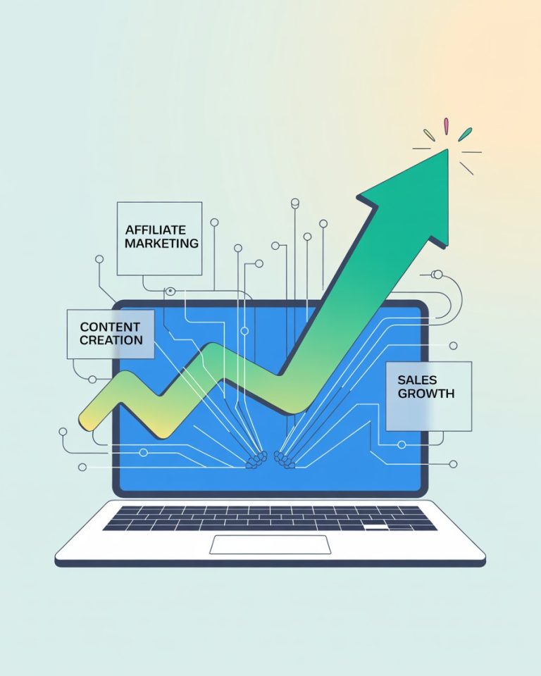 A modern vector illustration showing a digital blueprint for a profitable affiliate marketing business, with icons for content and sales growth.