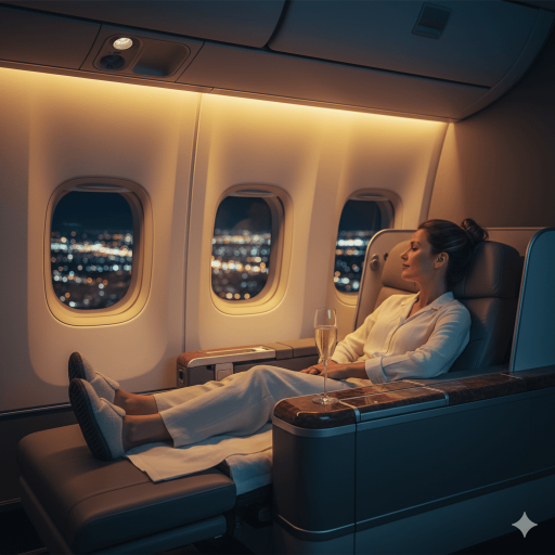 Business-class airplane seat with champagne and ambient lighting, showing travel hacks for affordable luxury flights.