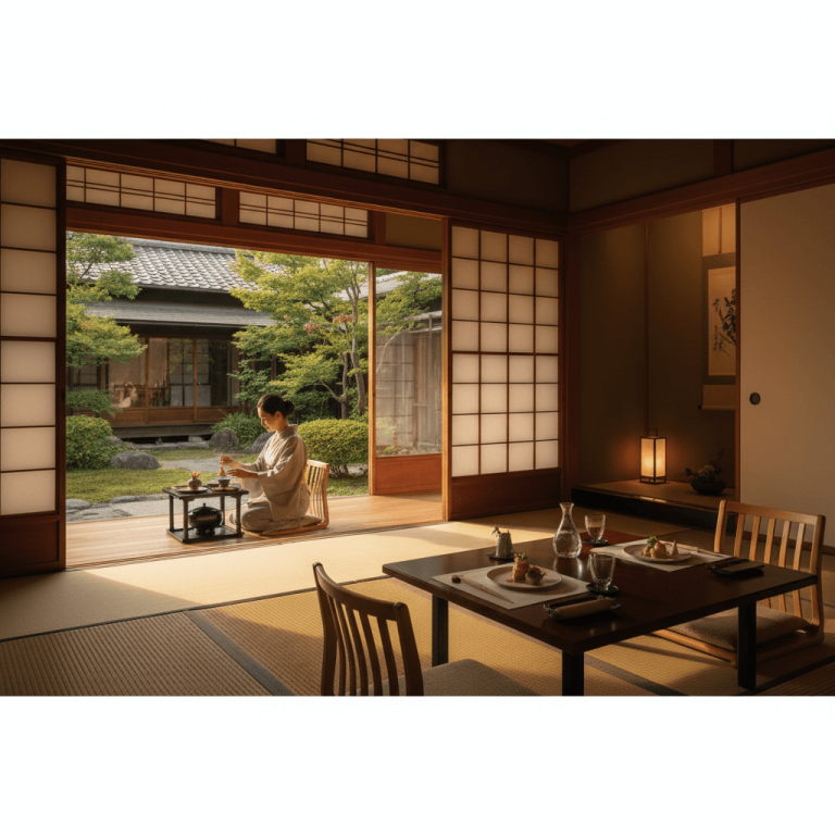 Luxury ryokan in Kyoto with open shoji doors to a Japanese garden, symbolizing culture and luxury travel.