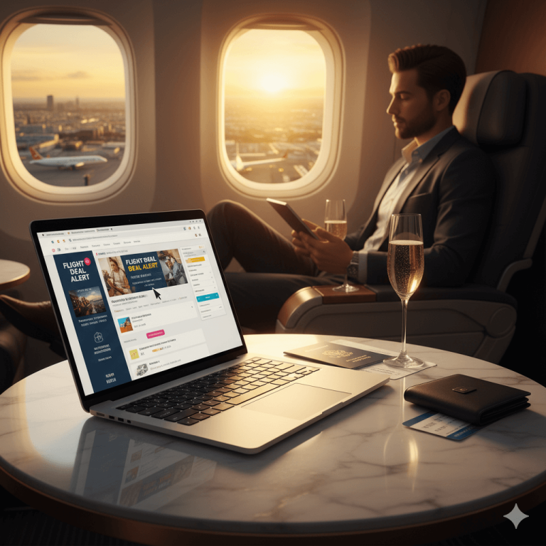 Traveler working on laptop in a first-class lounge with champagne and flight deal alerts.
