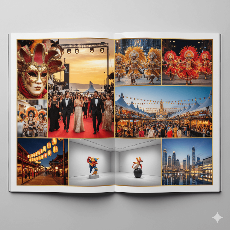 Editorial collage of luxury cultural festivals including Cannes, Venice, Rio Carnival, and Kyoto lanterns.