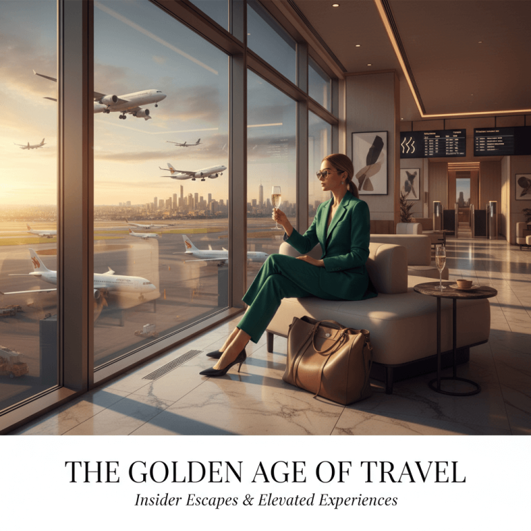 Traveler relaxing in an airport lounge with champagne, symbolizing luxury travel hacks and insider deals.