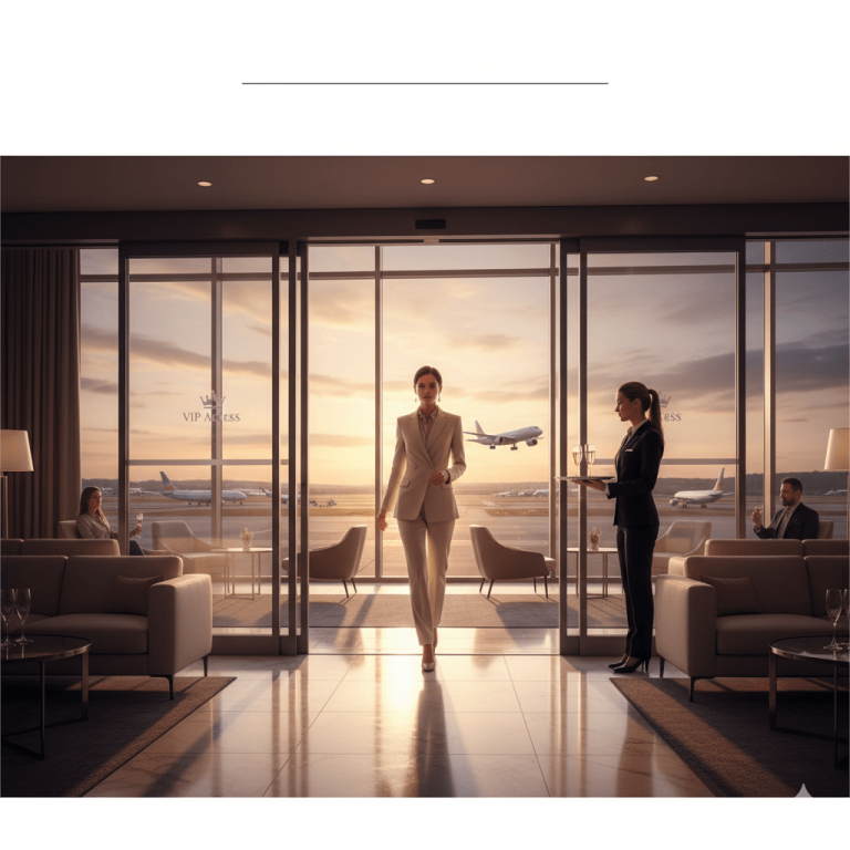 Traveler entering an exclusive airport lounge with golden lighting and VIP access signage.
