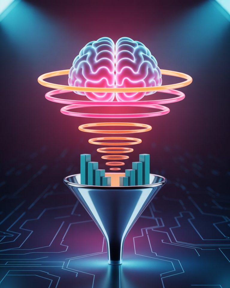 A digital illustration representing the concept of Dopamine Marketing, showing glowing neurological pathways flowing into a marketing funnel to achieve viral lead generation.
