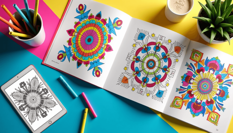 A flat lay of vibrant dopamine coloring books and an iPad showing an AI art generator, representing the KDP business opportunity.