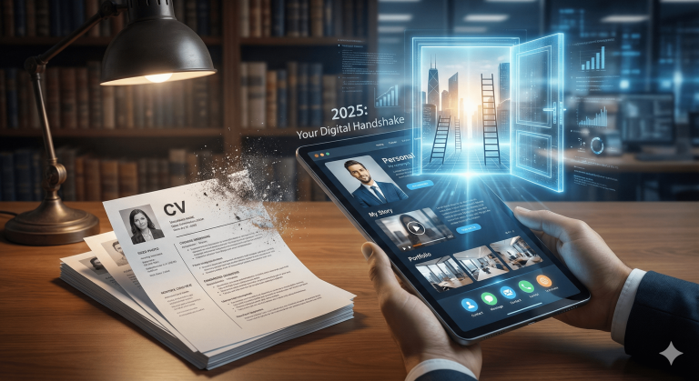 A conceptual illustration showing a stack of traditional paper CVs crumbling into dust next to a person holding a tablet displaying a modern personal website. A glowing digital door opens from the tablet screen revealing career ladders leading towards a city skyline, with text overlay reading "2025: Your Digital Handshake."