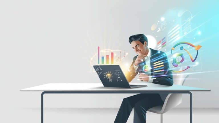 A digital art illustration symbolizing freelance business growth, with AI-powered charts and ideas glowing and expanding from a laptop screen.