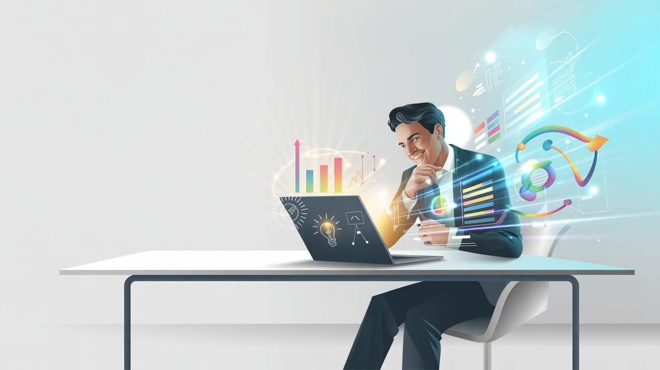 A digital art illustration symbolizing freelance business growth, with AI-powered charts and ideas glowing and expanding from a laptop screen.