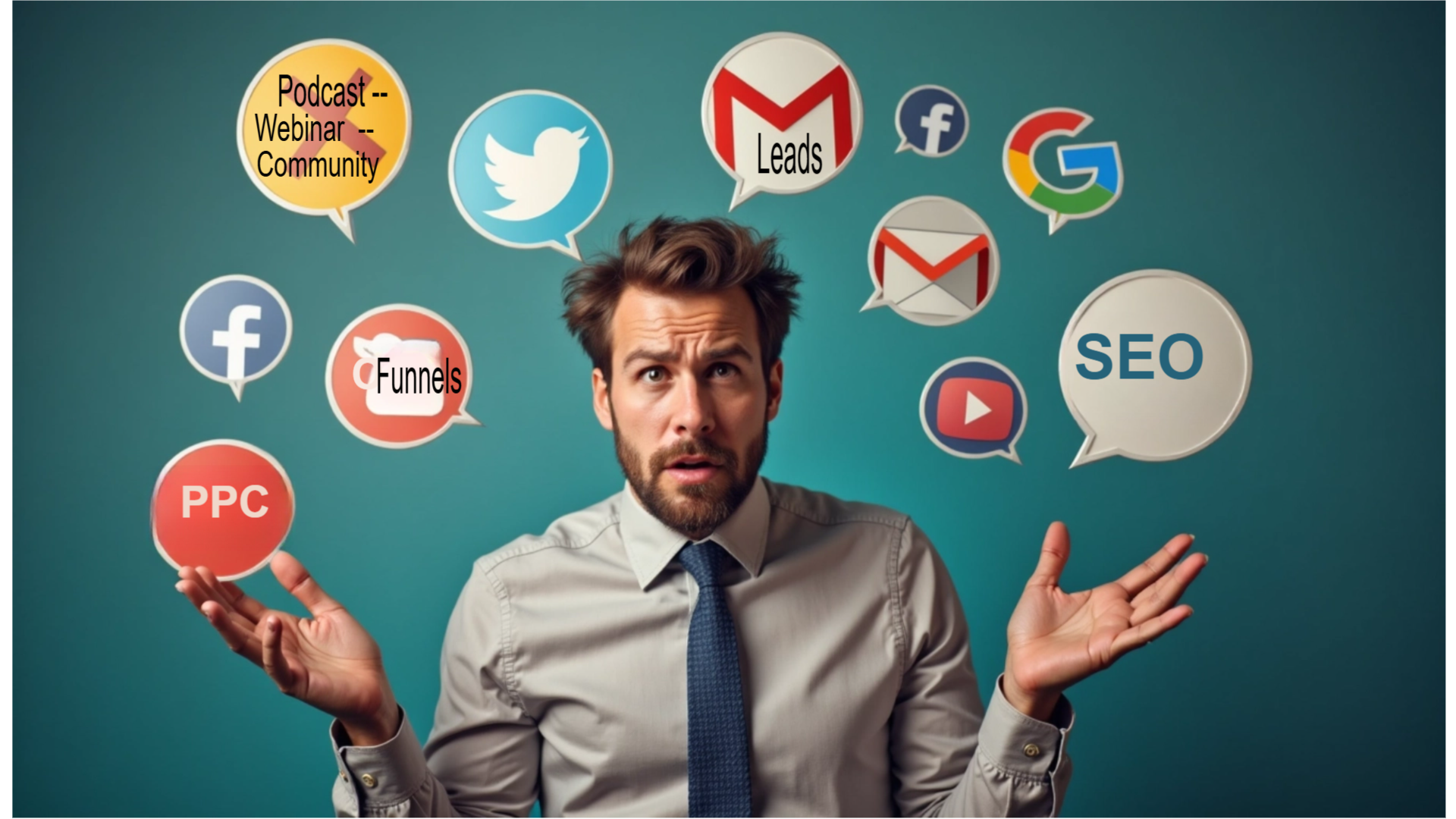 An illustration showing the common digital marketing pains for an entrepreneur, who is juggling icons for SEO, social media, emails, funnels and ads.