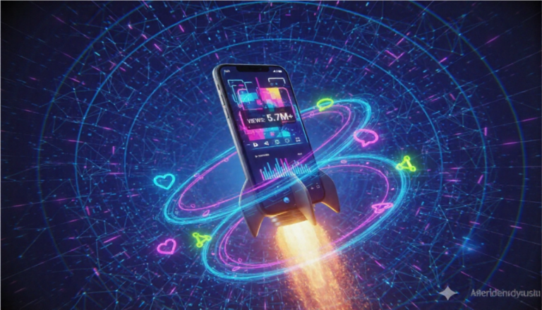 A smartphone launching like a rocket to represent the viral growth from creating a successful Reel for Instagram and TikTok.