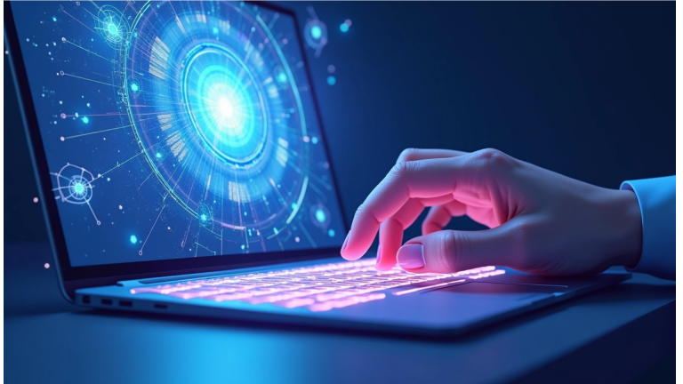 An illustration showing how to write AI art prompts, with a hand typing on a keyboard that is generating a beautiful piece of digital art.