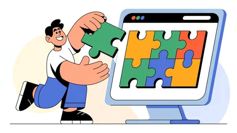 A friendly, stylized illustration of a person easily building a website by dragging and dropping large, colorful puzzle pieces on a computer screen.