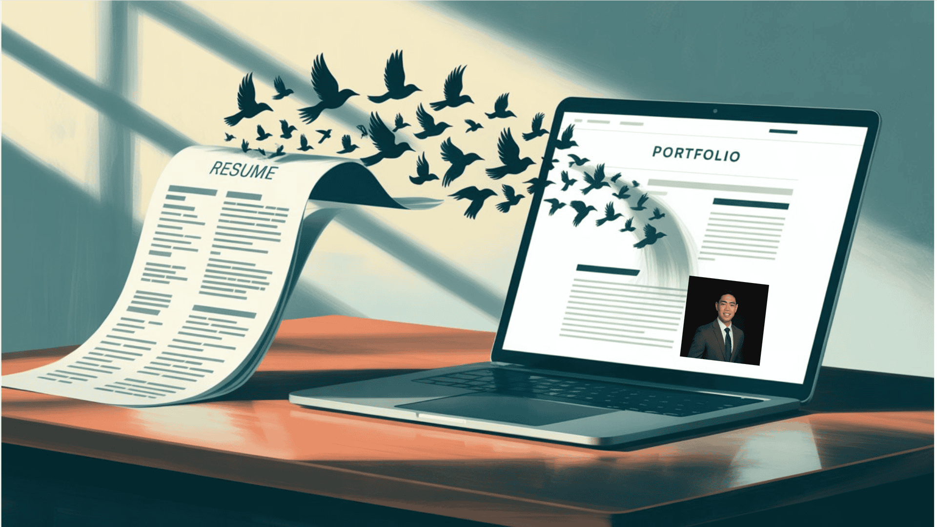 An illustration showing the transformation from a static CV to a dynamic personal website for career growth.