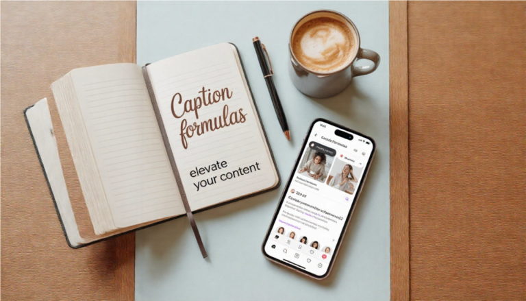 A flat-lay image showing a notebook with "Caption Formulas" written on it, next to a smartphone, illustrating the process of writing social media captions.