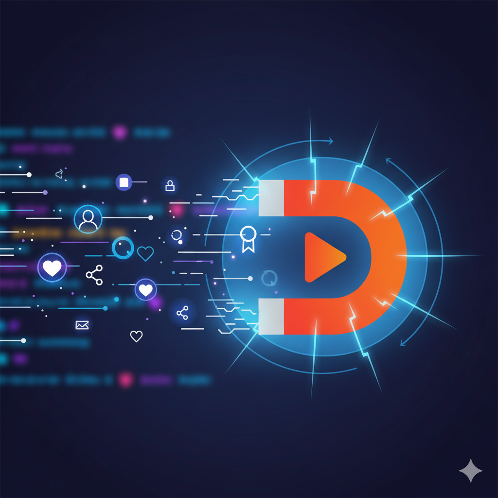 A conceptual image of a magnet with a play button, illustrating how a powerful video hook attracts viewers and social media engagement.