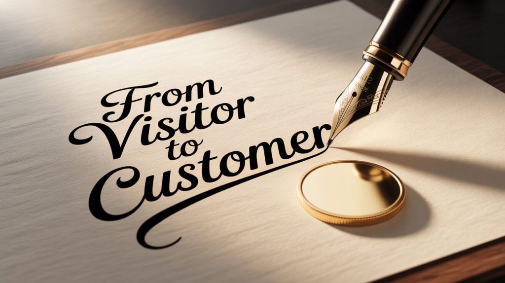 From visitor to customer handwritten message with gold pen and coin, representing business transformation and customer engagement.