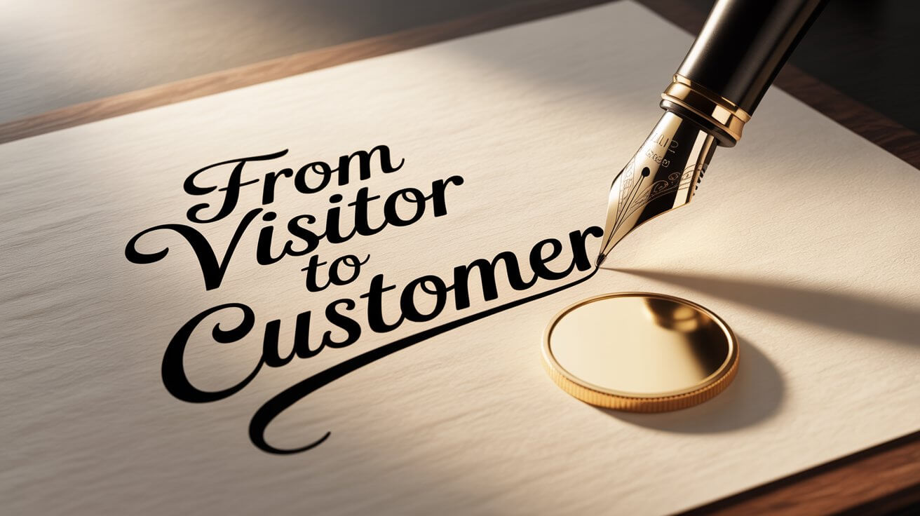 From visitor to customer handwritten message with gold pen and coin, representing business transformation and customer engagement.