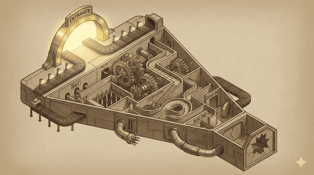 An isometric diagram showing how a complicated, non-sustainable affiliate marketing strategy acts like a mechanical trap for customers.