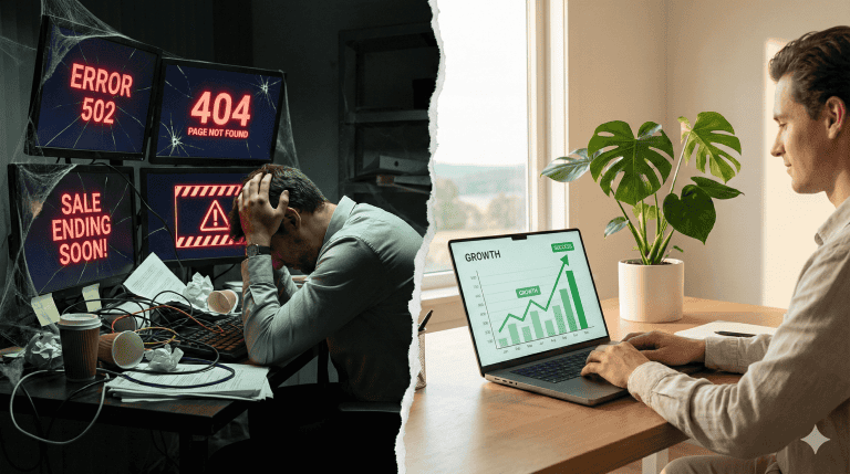 Contrast between stressful digital hoarding and an organized, sustainable affiliate marketing strategy.