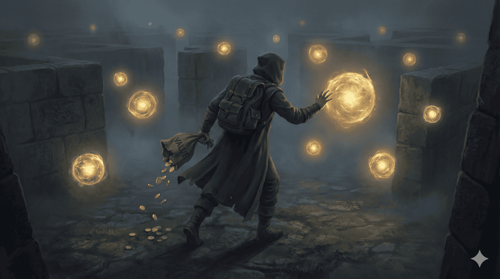 Illustration of shiny object syndrome preventing a marketer from building a sustainable affiliate marketing strategy.