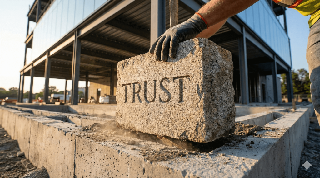 A granite block engraved with 'TRUST' being set as the foundation of a sustainable affiliate marketing strategy.